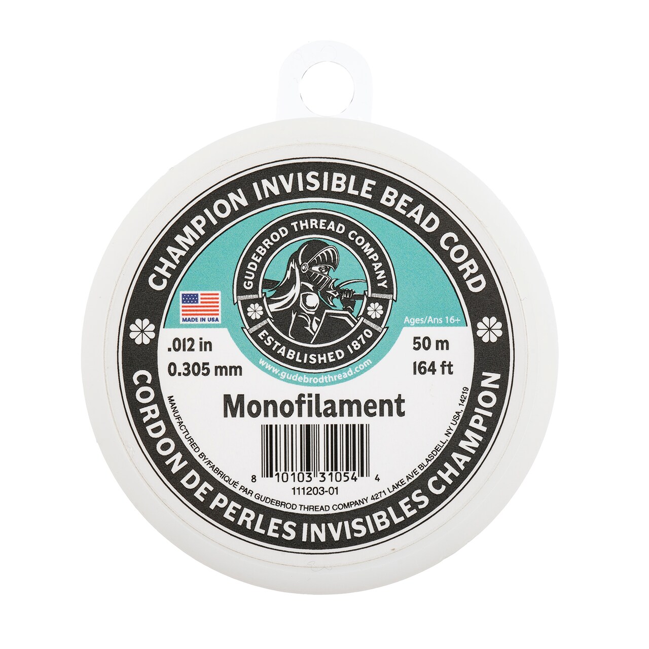 Gudebrod 0.012" Monofilament Champion Invisible Clear Cord | Made in USA
